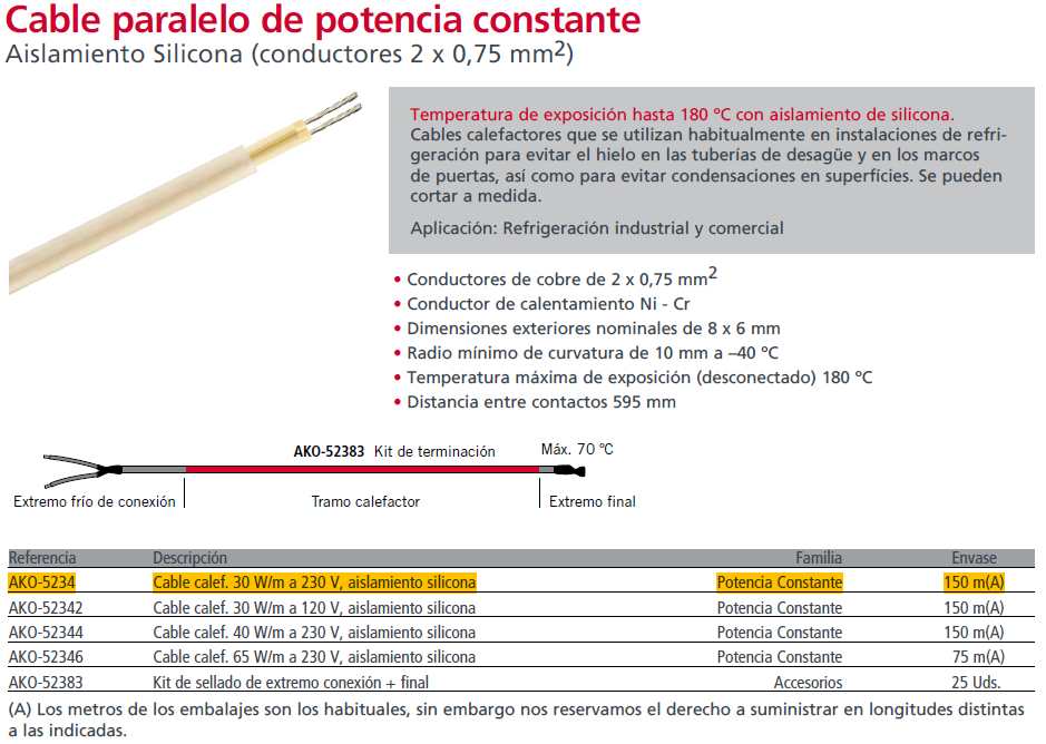 Cable calef. 30 W/m a 220 V, aislamiento silicona- AKO 