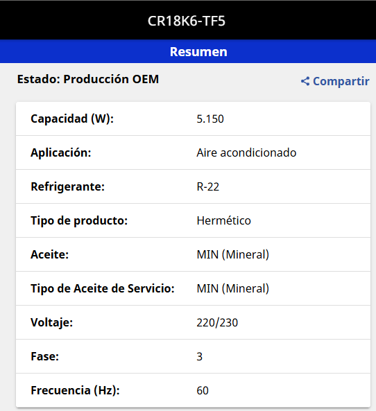 Compresor Hermético de Alta temperatura para R22 de 1.5 HP Trifásico 220/3/60 - COPELAND